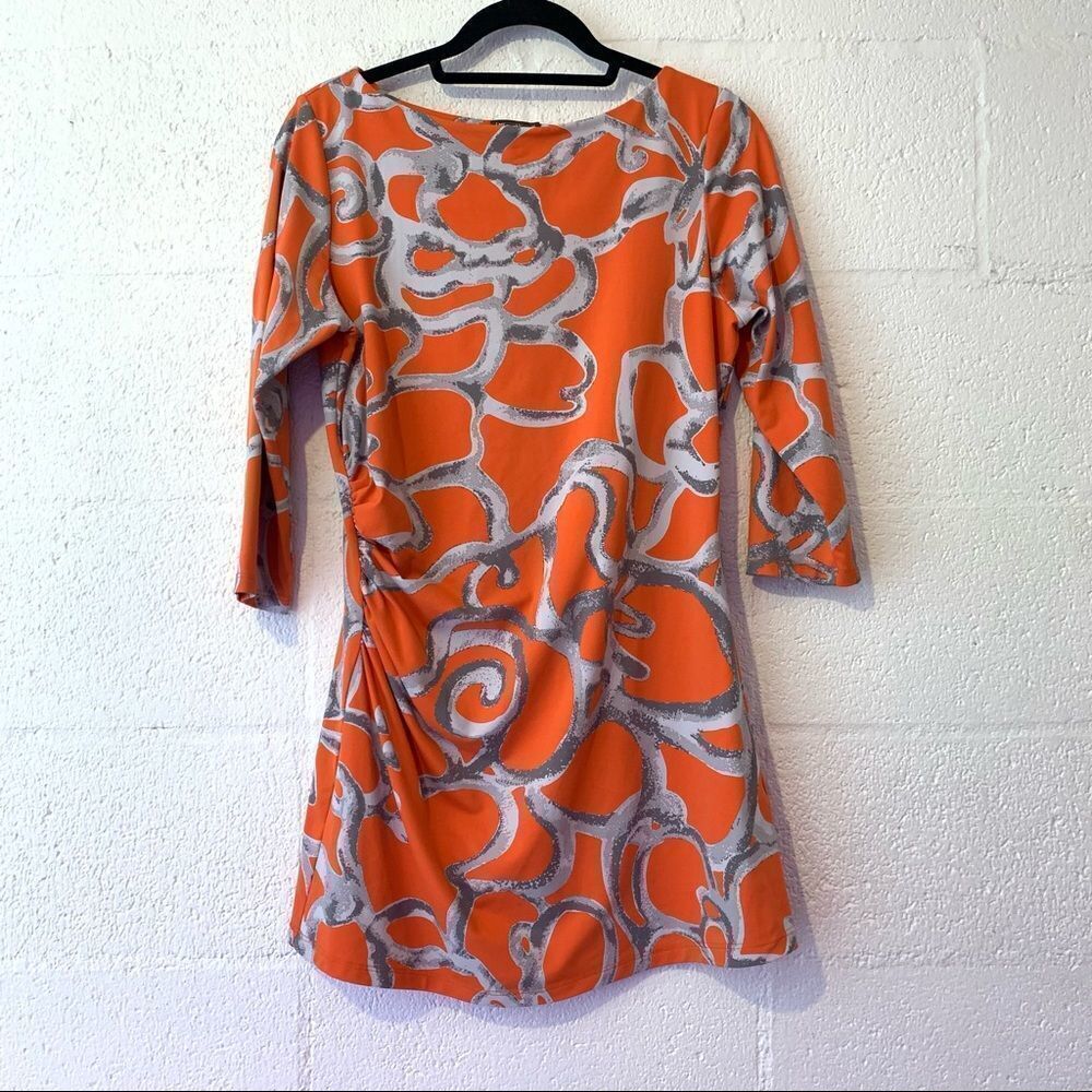 J. McLaughlin Orange White Autumn Ruched Dress Catalina Cloth Orange Medium